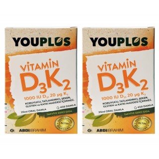 Youplus D3K2 1000 Iu 20 Ml Damla 2 Adet Youplus D3K2 1000 Iu 20 Ml Damla 2 Adet