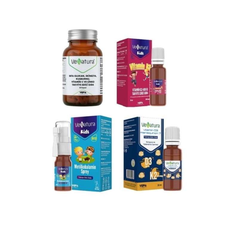 Venatura Çocuk Yetişkin 4 lü Set Beta Glukan 30 Kapsül+ Vitamin D3 K2+ B12 Metilkobalamin+ Vitamin D3