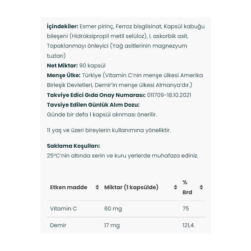 Venatura Demir Bisgilisinat Vitamin C 90 Kapsül Venatura Demir Bisgilisinat Vitamin C 90 Kapsül