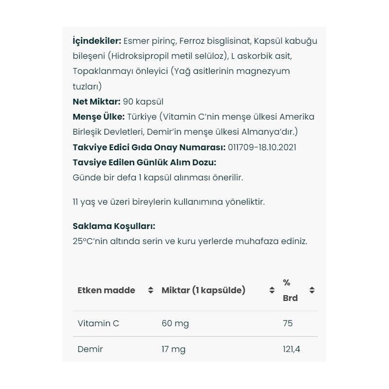 Venatura Demir Bisgilisinat Vitamin C 90 Kapsül Venatura Demir Bisgilisinat Vitamin C 90 Kapsül